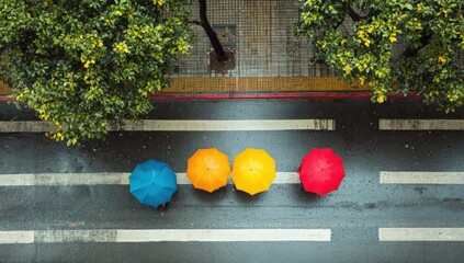 Colorful umbrellas on a wet city street. Overhead view
