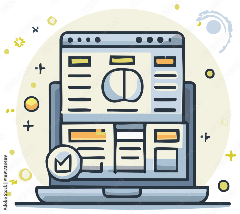 Poster cartoon laptop displaying a web page with checkmark symbol for project approval
