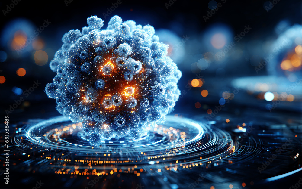 Poster digital representation of a virus with glowing elements