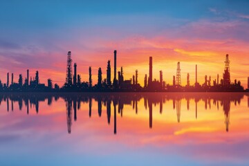 Industrial skyline reflected on tranquil water at sunset
