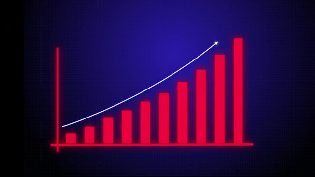 business graph with red arrow, Red bar graph showing upward trend with a white line on a dark blue background