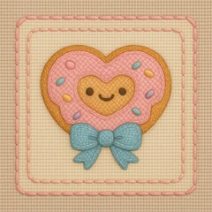 Cute Embroidered Heart Cookie Design with Smile and Bow