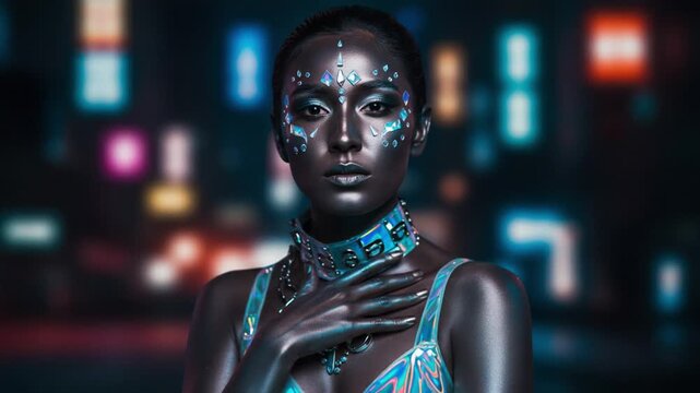 A mesmerizing portrayal of a stylishly adorned individual with vibrant body paint and striking facial designs against an urban night backdrop, showcasing creativity and artistic expression.