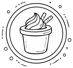 Hand drawn doodle of ice cream in a cup with wafer sticks. Sweet dessert vector line art icon in a circle frame.