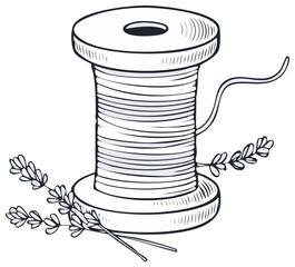 Elegant spool of thread alongside lavender sprigs in a detailed artistic line art illustration