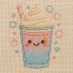 Cute Cartoon Dessert Drink with Whipped Cream and Straw Design