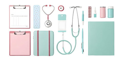 Six Pastel Medical Objects Bundle Arranged in Two Rows Three Columns Two Pink Clipboards Blank Paper Mint Green Notebook Stethoscope Pills... isolated on a transparent background