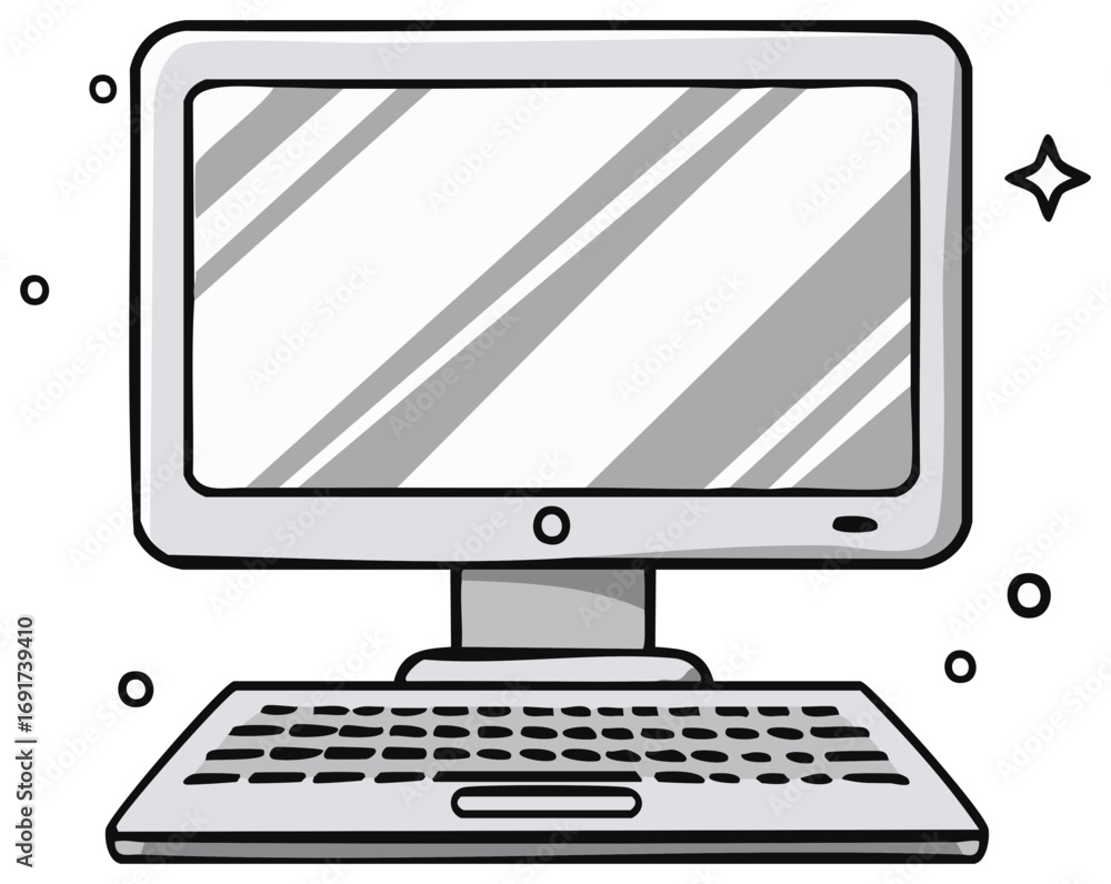 Poster hand drawn doodle illustration of a retro desktop computer with monitor and keyboard in grayscale.