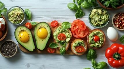 Healthy Breakfast with Avocado Toast and Eggs,  Top View