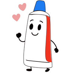 Cute cartoon illustration of a smiling toothpaste tube with hearts, symbolizing love for dental hygiene, oral care, and healthy teeth in a playful, kid-friendly style.