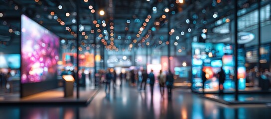 Blurred indoor exhibition hall with numerous displays