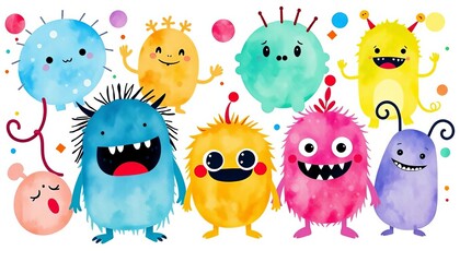 Fototapeta premium Cute watercolor monsters in vibrant hues, whimsical shapes, white background , abstract, funny