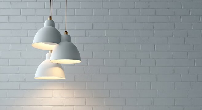 Three white pendant lights hanging from a light beige brick wall - Powered by Adobe