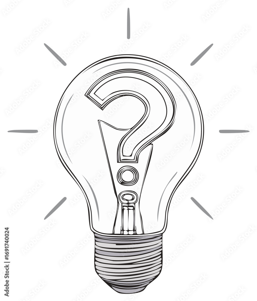 Poster sketch of a light bulb with a question mark symbolizing inquiry and ideas