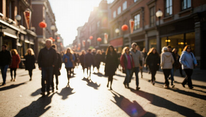 Obraz premium Blurred crowd of people walking on a sunny urban street - vibrant city life