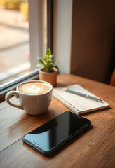 Latte art coffee, notepad, pen, and smartphone on a wooden table near a window.