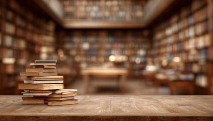 Books stacked on a wooden table in a library