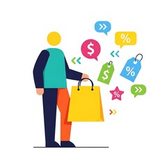 Obraz premium Stylish Person Holding Shopping Bag Surrounded by Colorful Discount Symbols in Modern Illustration