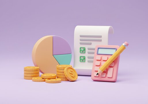 Financial planning analysis with calculator chart coins and pencil 3D render