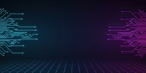 Digital circuit board with neon blue and pink lines on dark background