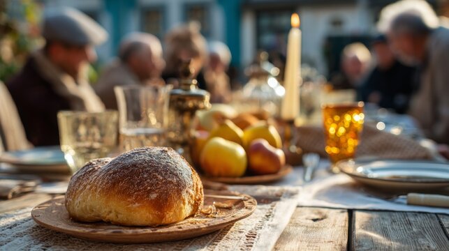Hanukkah or Rosh Hashanah celebrating table set with traditional dishes, including bread and apples with people outdoor