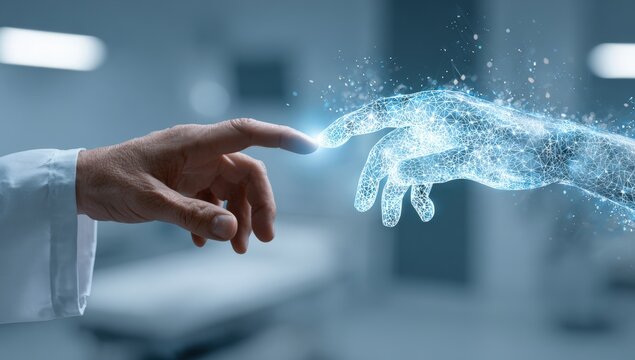 Two hands, one human, one digital, touch