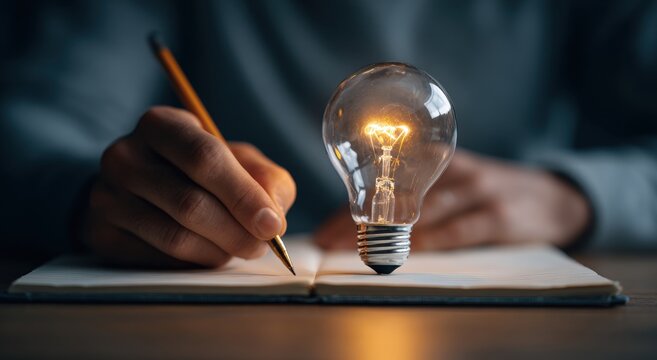 Hand writing notes near a glowing light bulb