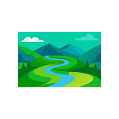 Stylized illustration of a winding blue river flowing through lush green rolling hills and distant blue mountains under a teal sky with fluffy white clouds