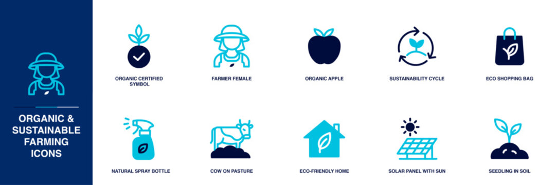 Organic and Sustainable Farming Blue Colored Outline Icon Set