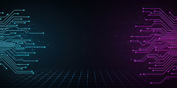  digital circuit board with glowing neon lines and binary code