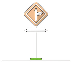 Hand-drawn directional road sign with multiple arrows indicating different paths, with a split lane