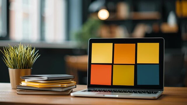 Laptop with colorful sticky notes screen, stack of notebooks, potted plant wooden desk modern office workspace, creative desk and office environment