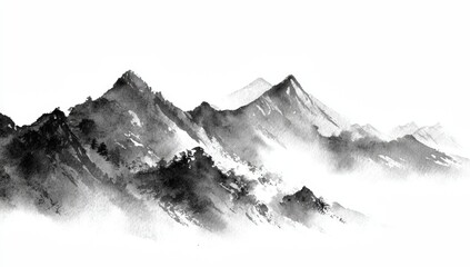 Ink wash painting of a mountain range.  Misty peaks
