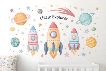 Whimsical children's space wall decals featuring rockets planets and stars for a magical nursery