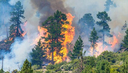 Fototapeta premium Wildfire engulfing pine trees