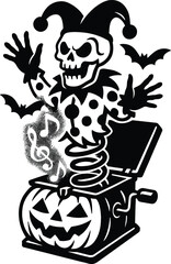 Spooky Jack in the Box Skeleton with Bats and Musical Notes on a Pumpkin Base halloween skull