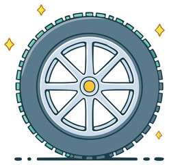 Obraz premium Cartoon style car wheel illustration with tire, rim, and sparkles, auto concept