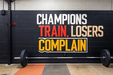 Gym motivational quote champions train losers complain with barbell and weights