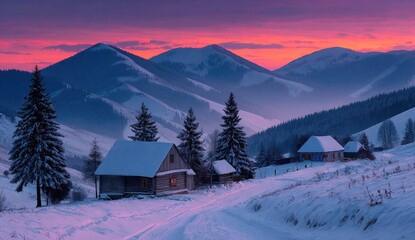Fototapeta premium Winter Mountain Village at Dusk