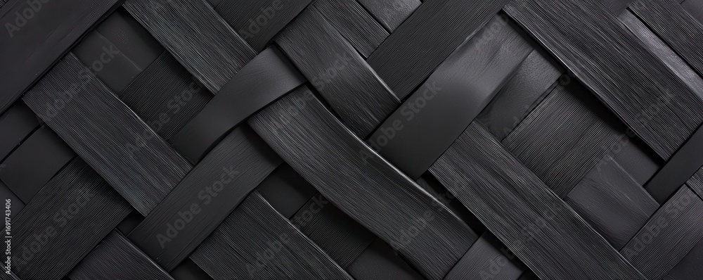 Poster a close-up view of a woven black material, showcasing intricate patterns and textures, ideal for des