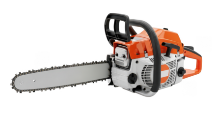 A chainsaw on a black background on transparent background