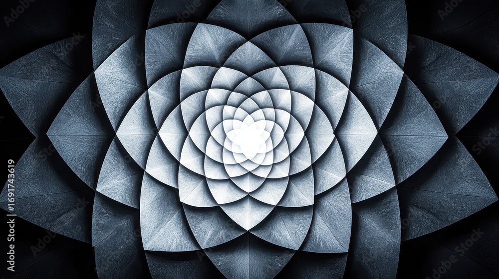 Poster a mesmerizing abstract design featuring layered spirals that create a flower-like shape, showcasing 