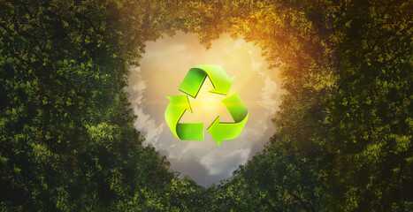 Green recycling arrow symbol, responsibility to reduce waste and pollution, eco-friendly concept, leaf background with heart shaped sky.