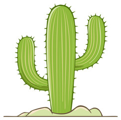 Cartoon illustration of a green cactus plant with multiple arms and thorns.