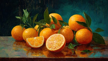Still life of oranges on a wooden surface