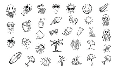 Hand drawn doodle summer beach icons set vintage style illustration vector