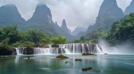 Fototapeta premium Majestic waterfall cascades down lush green mountains in a serene natural landscape