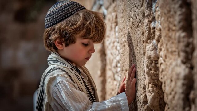 Jewish child boy praying at the Western Wall in Jerusalem, Rosh Hashanah or Hanukkah concept