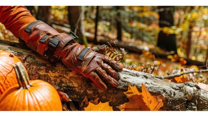 Autumn Encounter: Gloved Hand, Squirrel, & Pumpkin on Log in Vibrant Fall Forest