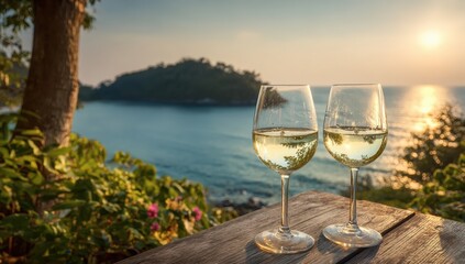 Obraz premium Two wine glasses on a wooden table overlooking a sunset ocean view